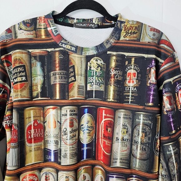 YOUCAN Sweatshirt Mens XL Beer Can All Over Print Crew Neck Long Sleeve - Picture 6 of 8